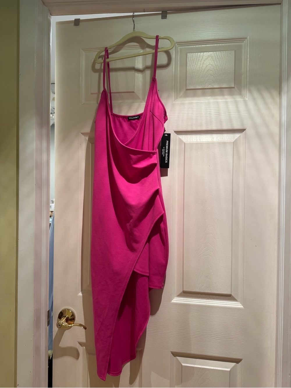 Fuchsia Draped Midi Slip Dress with Spaghetti Straps